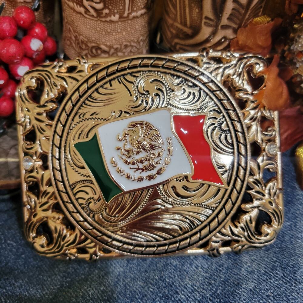 Mexican Flag Western Cowboy Belt Buckle Hebilla Vaquera Rodeo Bandera De Mexico